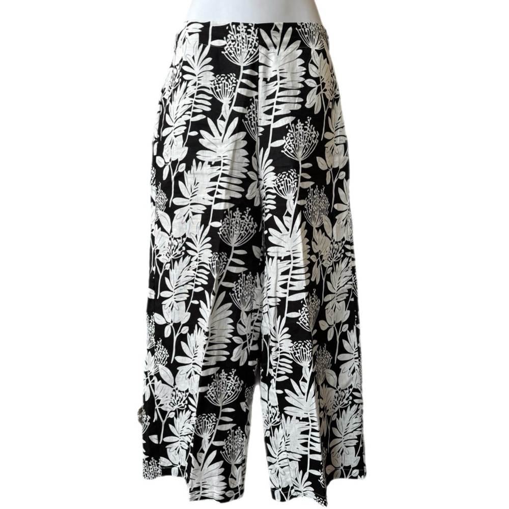 Tahari 100% Linen Wide Leg Cropped Pants XS Black White Tropical Floral